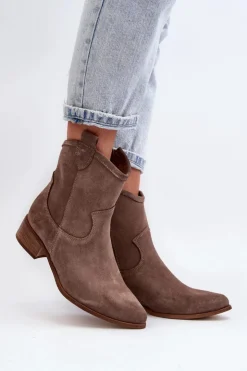 Damskie Zazoo 3329 Zamszowe Botki Kowbojki Na Niskim Obcasie Ciemnobeżowe