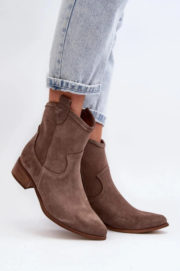 Damskie Zazoo 3329 Zamszowe Botki Kowbojki Na Niskim Obcasie Ciemnobeżowe