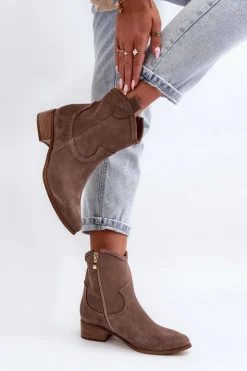 Damskie Zazoo 3329 Zamszowe Botki Kowbojki Na Niskim Obcasie Ciemnobeżowe