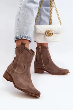 Damskie Zazoo 3329 Zamszowe Botki Kowbojki Na Niskim Obcasie Ciemnobeżowe