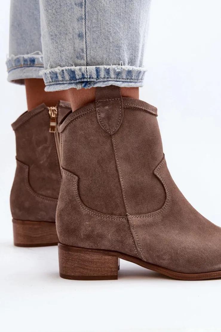 Damskie Zazoo 3329 Zamszowe Botki Kowbojki Na Niskim Obcasie Ciemnobeżowe