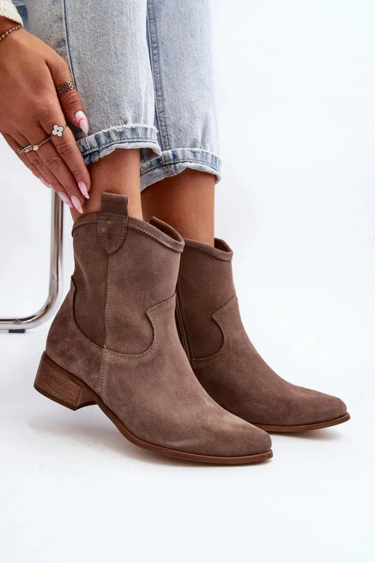 Damskie Zazoo 3329 Zamszowe Botki Kowbojki Na Niskim Obcasie Ciemnobeżowe