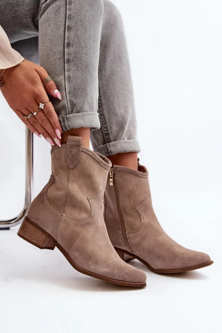 Best Zazoo 3329 Zamszowe Botki Kowbojki Na Niskim Obcasie Cappucino