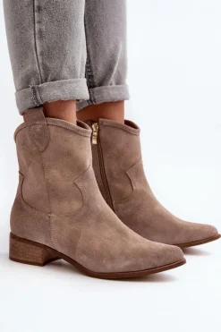 Best Zazoo 3329 Zamszowe Botki Kowbojki Na Niskim Obcasie Cappucino