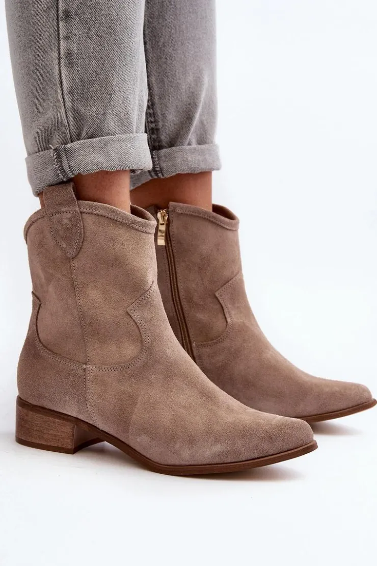 Best Zazoo 3329 Zamszowe Botki Kowbojki Na Niskim Obcasie Cappucino