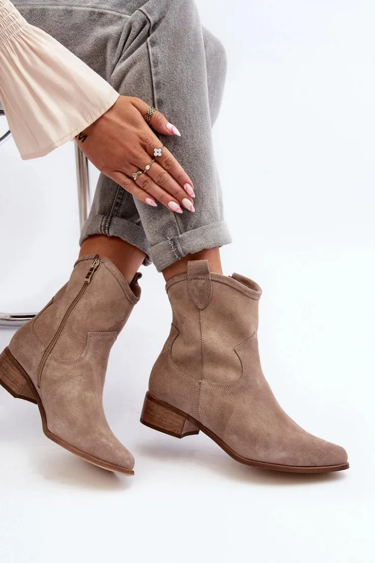 Best Zazoo 3329 Zamszowe Botki Kowbojki Na Niskim Obcasie Cappucino