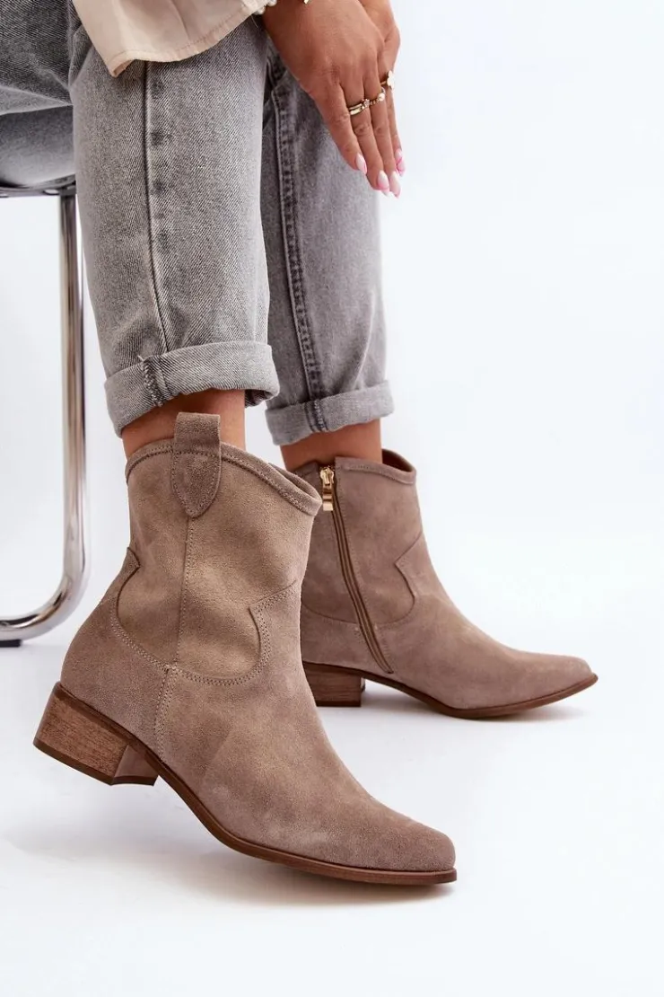 Best Zazoo 3329 Zamszowe Botki Kowbojki Na Niskim Obcasie Cappucino