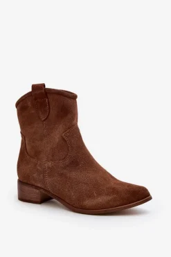 Zazoo Botki Wiosenne|Botki Skórzane*3329 Zamszowe Botki Kowbojki Na Niskim Obcasie Brązowe