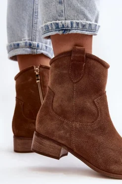 Zazoo Botki Wiosenne|Botki Skórzane*3329 Zamszowe Botki Kowbojki Na Niskim Obcasie Brązowe