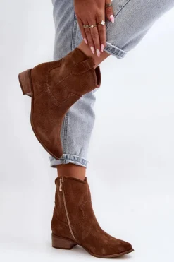 Zazoo Botki Wiosenne|Botki Skórzane*3329 Zamszowe Botki Kowbojki Na Niskim Obcasie Brązowe