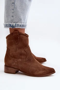 Zazoo Botki Wiosenne|Botki Skórzane*3329 Zamszowe Botki Kowbojki Na Niskim Obcasie Brązowe