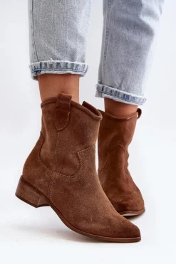 Zazoo Botki Wiosenne|Botki Skórzane*3329 Zamszowe Botki Kowbojki Na Niskim Obcasie Brązowe