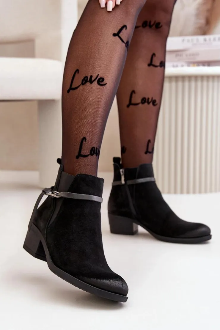 Damskie Zazoo 60478 Zamszowe Botki Na Obcasie Ocieplane Zapinane Na Zamek Czarne