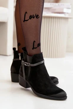 Damskie Zazoo 60478 Zamszowe Botki Na Obcasie Ocieplane Zapinane Na Zamek Czarne