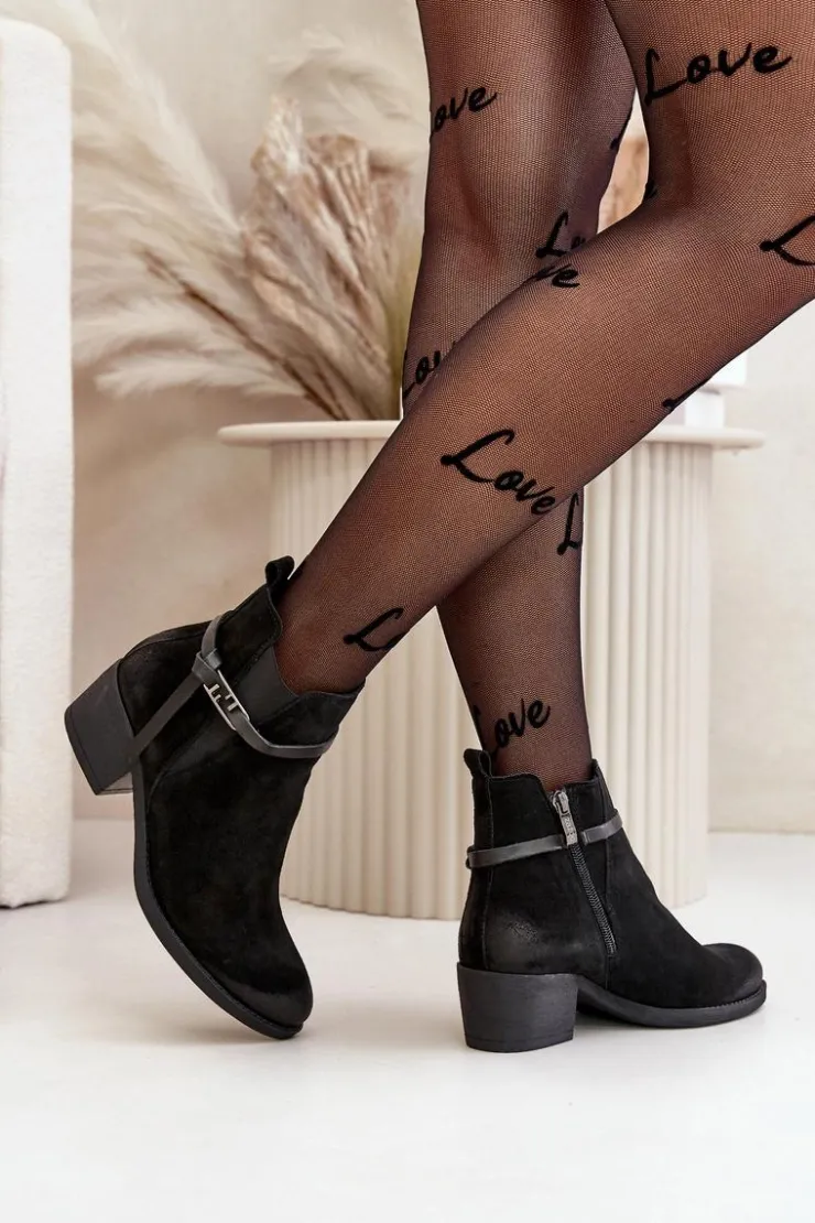 Damskie Zazoo 60478 Zamszowe Botki Na Obcasie Ocieplane Zapinane Na Zamek Czarne