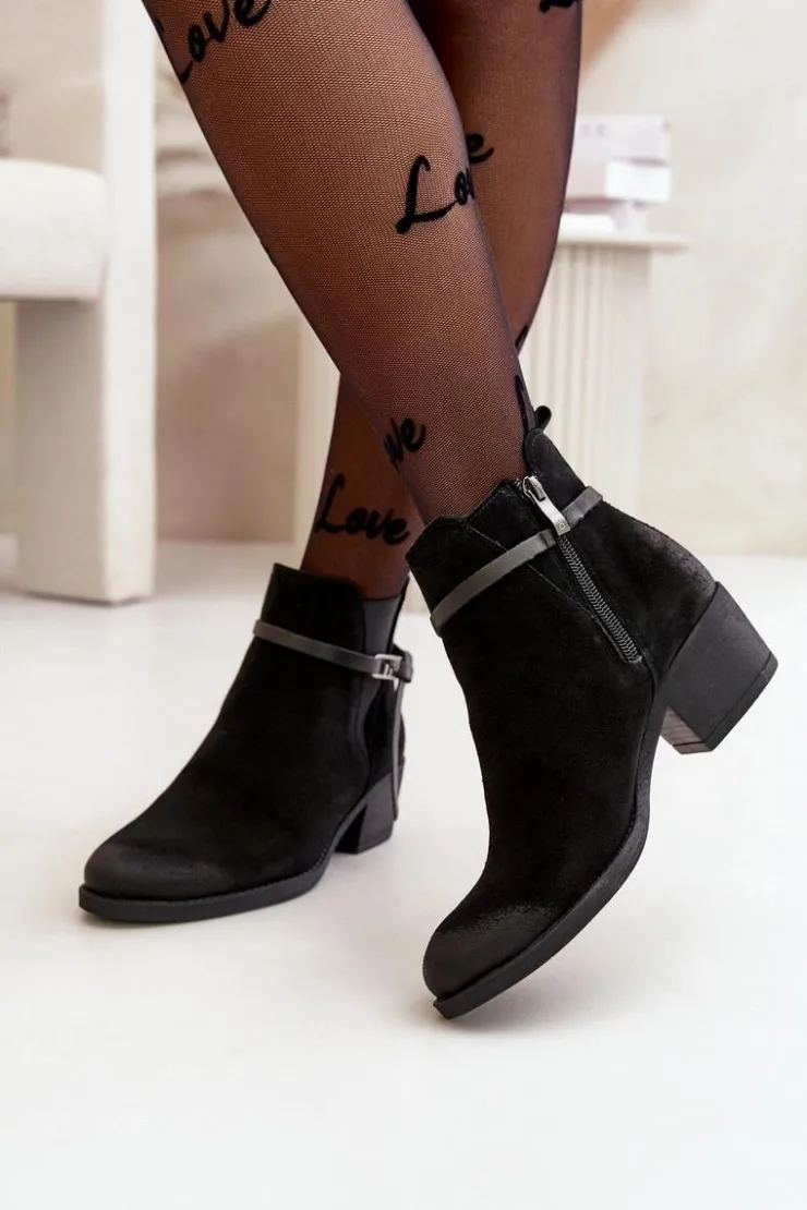 Damskie Zazoo 60478 Zamszowe Botki Na Obcasie Ocieplane Zapinane Na Zamek Czarne