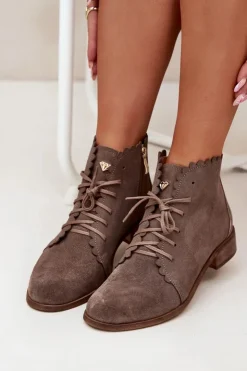 Hot Zazoo 2964 Zamszowe Botki Na Płaskim Obcasie Ciemnobeżowe Beżowy