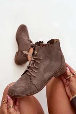 Hot Zazoo 2964 Zamszowe Botki Na Płaskim Obcasie Ciemnobeżowe Beżowy