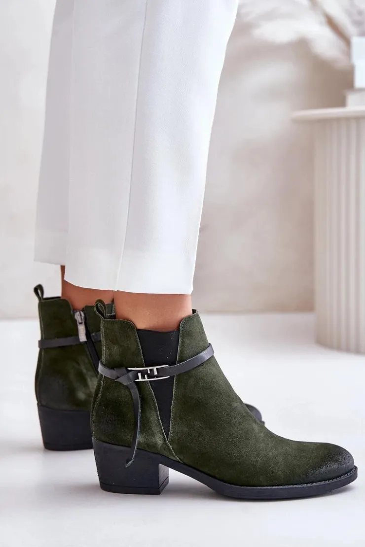 Damskie Zazoo 60478 Zamszowe Botki Na Obcasie Ocieplane Zapinane Na Zamek Ciemnozielone