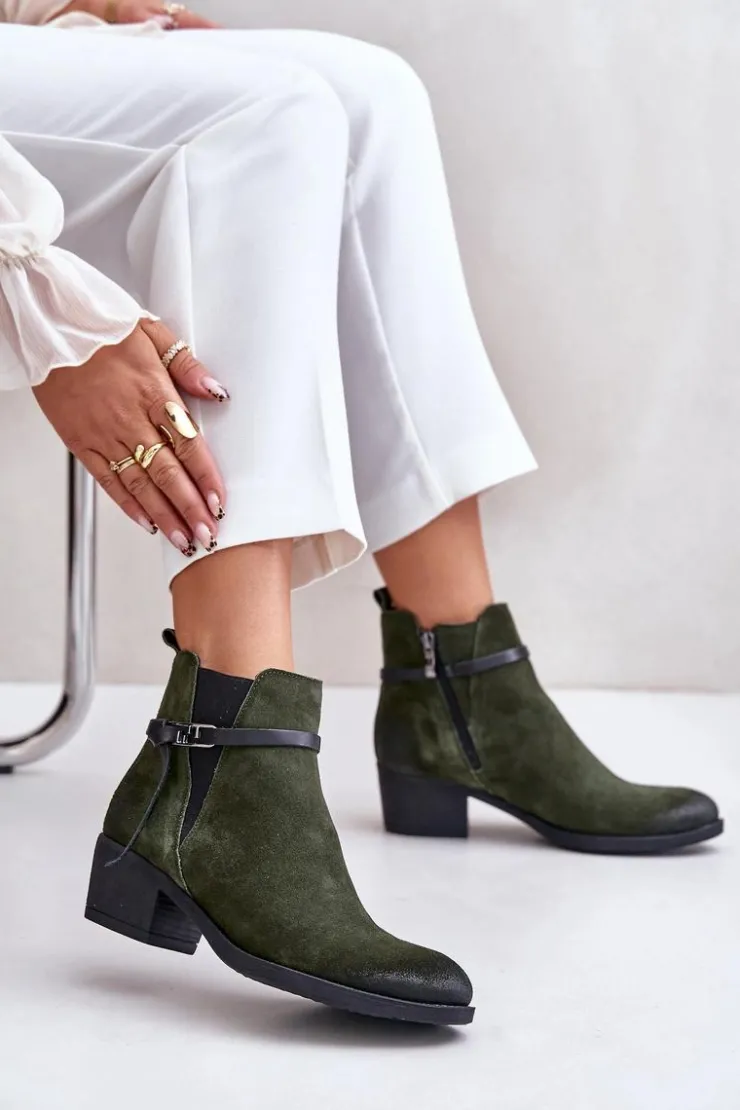 Damskie Zazoo 60478 Zamszowe Botki Na Obcasie Ocieplane Zapinane Na Zamek Ciemnozielone