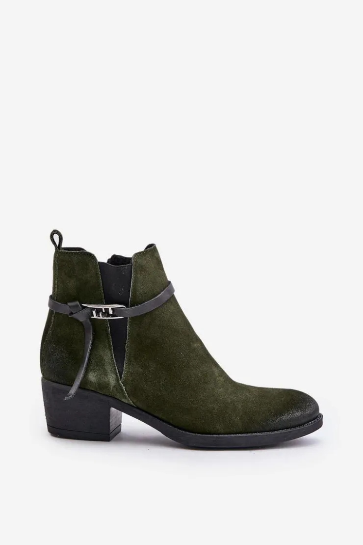 Damskie Zazoo 60478 Zamszowe Botki Na Obcasie Ocieplane Zapinane Na Zamek Ciemnozielone