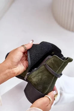 Damskie Zazoo 60478 Zamszowe Botki Na Obcasie Ocieplane Zapinane Na Zamek Ciemnozielone