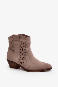 Outlet Zazoo 2870 Zamszowe Botki Na Niskim Obcasie Ażurowe Beżowe