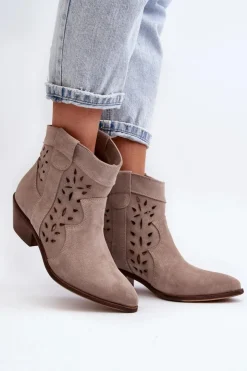 Outlet Zazoo 2870 Zamszowe Botki Na Niskim Obcasie Ażurowe Beżowe