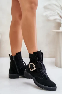 Damskie Zazoo 2951 Zamszowe Botki Z Ozdobną Klamrą Czarne