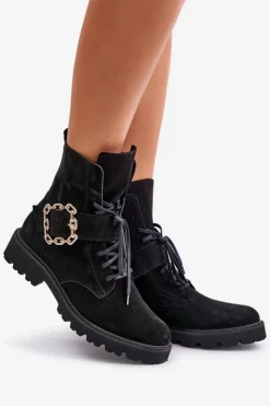 Damskie Zazoo 2951 Zamszowe Botki Z Ozdobną Klamrą Czarne