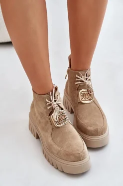 Damskie Zazoo 2952 Zamszowe Botki Ze Złotą Ozdobą Beżowe