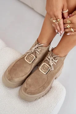 Damskie Zazoo 2952 Zamszowe Botki Ze Złotą Ozdobą Beżowe