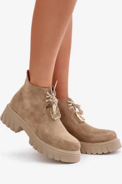 Damskie Zazoo 2952 Zamszowe Botki Ze Złotą Ozdobą Beżowe