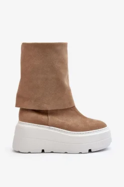 Damskie Zazoo 3410 Zamszowe Damskie Botki Na Masywnej Platformie Beżowe