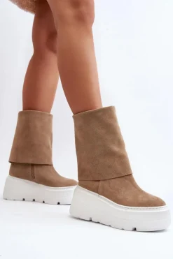 Damskie Zazoo 3410 Zamszowe Damskie Botki Na Masywnej Platformie Beżowe