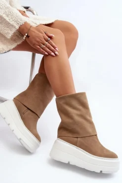 Damskie Zazoo 3410 Zamszowe Damskie Botki Na Masywnej Platformie Beżowe