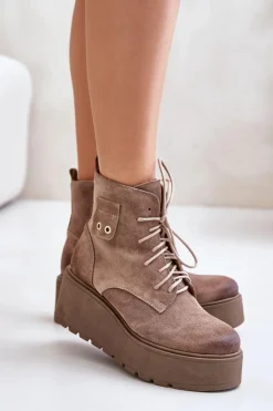 Zazoo Botki Ocieplane|Botki Skórzane*60499 Zamszowe Damskie Botki Na Platformie I Koturnie Ocieplane Beżowe Beżowy