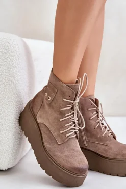 Zazoo Botki Ocieplane|Botki Skórzane*60499 Zamszowe Damskie Botki Na Platformie I Koturnie Ocieplane Beżowe Beżowy