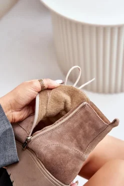 Zazoo Botki Ocieplane|Botki Skórzane*60499 Zamszowe Damskie Botki Na Platformie I Koturnie Ocieplane Beżowe Beżowy