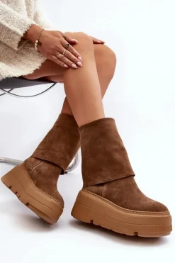Zazoo Botki Maciejka|Czarne Botki*3410 Zamszowe Damskie Botki Na Masywnej Platformie Camel Brązowy