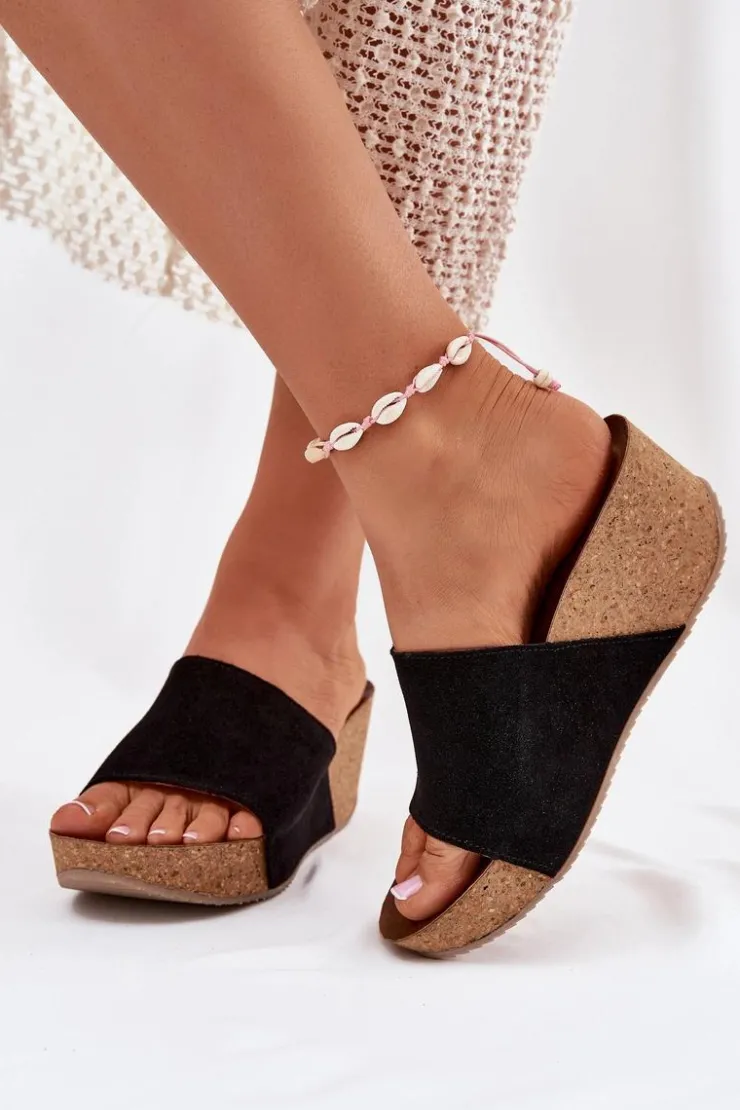 New Zazoo 40311 Zamszowe Klapki Damskie Na Korkowym Koturnie Czarne