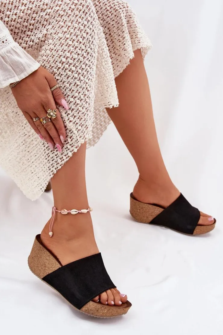 New Zazoo 40311 Zamszowe Klapki Damskie Na Korkowym Koturnie Czarne