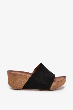 New Zazoo 40311 Zamszowe Klapki Damskie Na Korkowym Koturnie Czarne