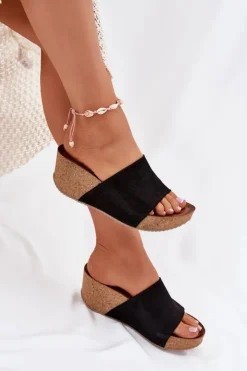 New Zazoo 40311 Zamszowe Klapki Damskie Na Korkowym Koturnie Czarne