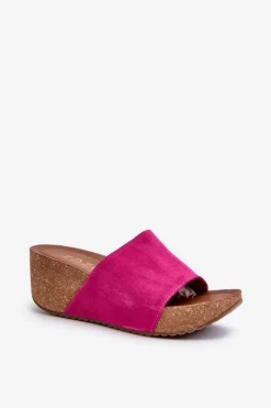 Damskie Zazoo 40311 Zamszowe Klapki Damskie Na Korkowym Koturnie Fuksja