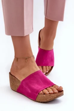 Damskie Zazoo 40311 Zamszowe Klapki Damskie Na Korkowym Koturnie Fuksja