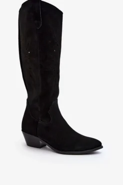 Damskie Zazoo 2909 Zamszowe Kozaki Ażurowe Na Niskim Obcasie Czarne