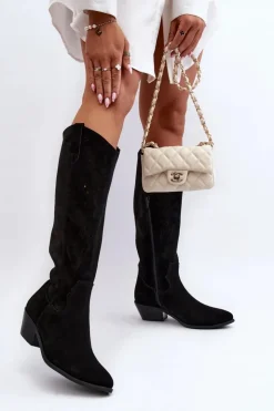 Damskie Zazoo 2909 Zamszowe Kozaki Ażurowe Na Niskim Obcasie Czarne