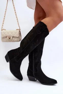 Damskie Zazoo 2909 Zamszowe Kozaki Ażurowe Na Niskim Obcasie Czarne