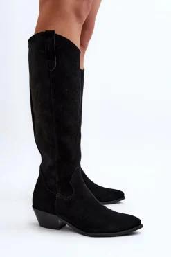 Damskie Zazoo 2909 Zamszowe Kozaki Ażurowe Na Niskim Obcasie Czarne